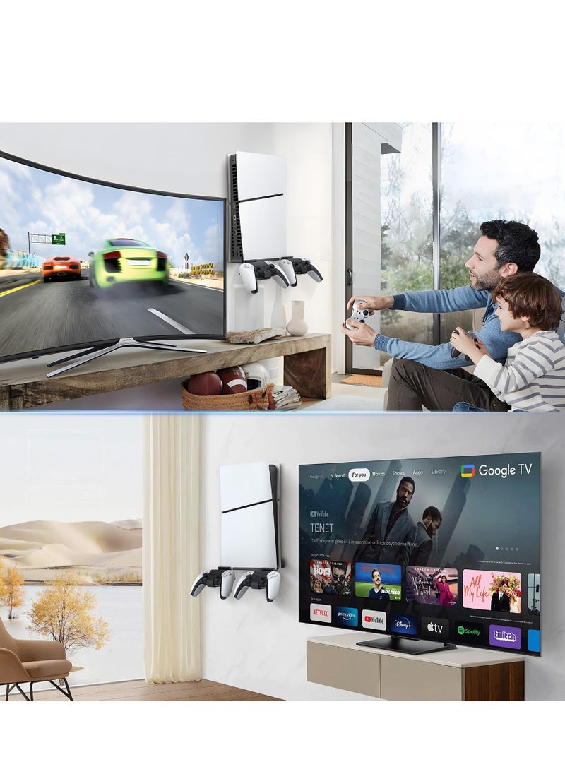 Generic - حامل جداري لجهاز PS5 Slim 2023 (إصدار قرصي ورقمي)، حامل تثبيت على الحائط مع حاملي وحدة تحكم قابلين للإزالة، طقم تثبيت على الحائط PS5 عائم مطوّر مع تثبيت لولبي (أسود) - Image 1