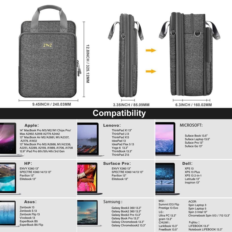 ZINZ Laptop Case 12.9 13 Shoulder Bag, Expandable Handbag with Valuables Compartment Compatible with MacBook Air/Pro/Neo 13" M5/M4/M3/M2/M1, iPad 12.9/13/11, Water-Resistant & Shockproof,L01G03 - Image 3
