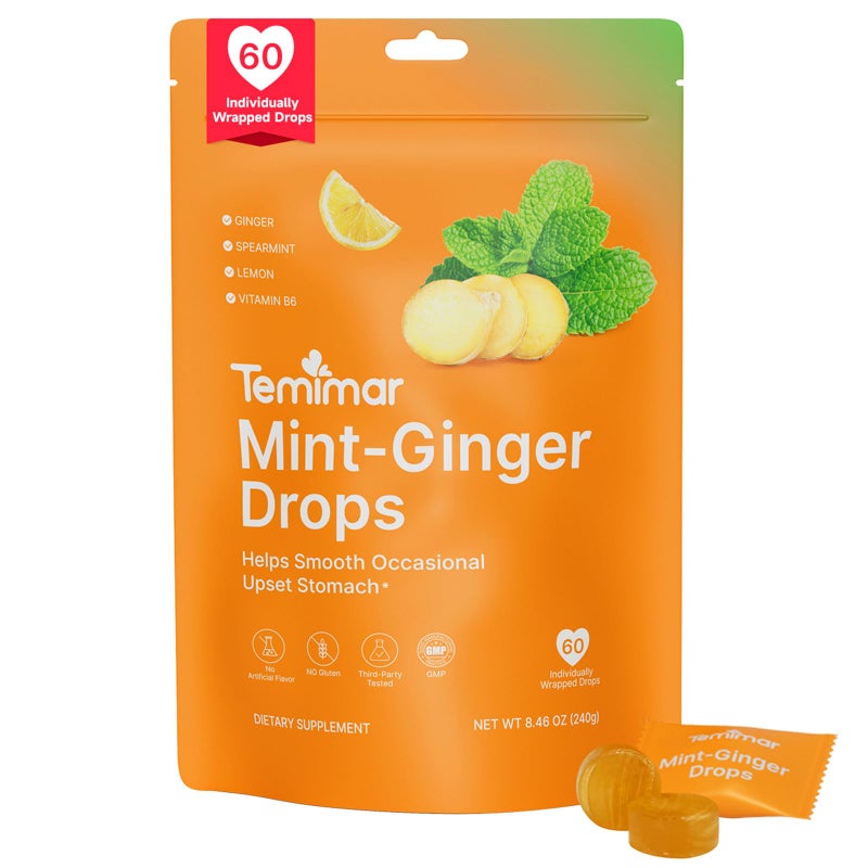 Temimar Mint-Ginger Drops for Nausea Relief, Ease Motion Sickness for Travel & Morning Sickness Relief for Pregnant Women, with Ginger Lemon, Spearmint & Vitamin B6, 60 Individually Wrapped Candies - Image 1