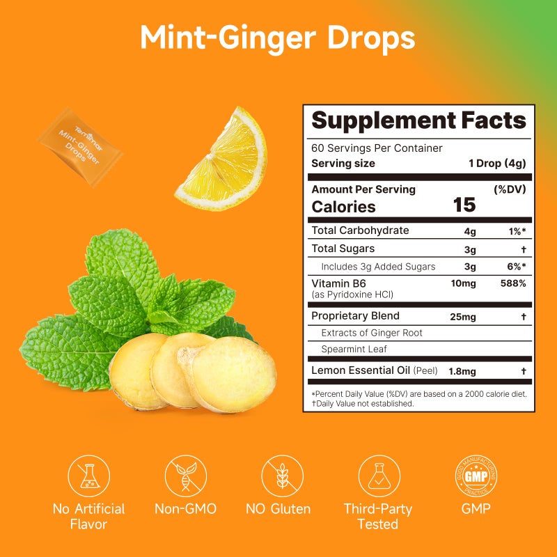 Temimar Mint-Ginger Drops for Nausea Relief, Ease Motion Sickness for Travel & Morning Sickness Relief for Pregnant Women, with Ginger Lemon, Spearmint & Vitamin B6, 60 Individually Wrapped Candies - Image 2