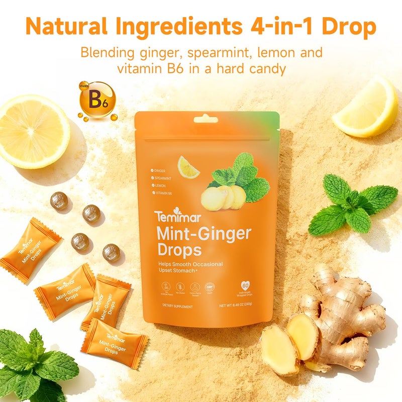 Temimar Mint-Ginger Drops for Nausea Relief, Ease Motion Sickness for Travel & Morning Sickness Relief for Pregnant Women, with Ginger Lemon, Spearmint & Vitamin B6, 60 Individually Wrapped Candies - Image 4