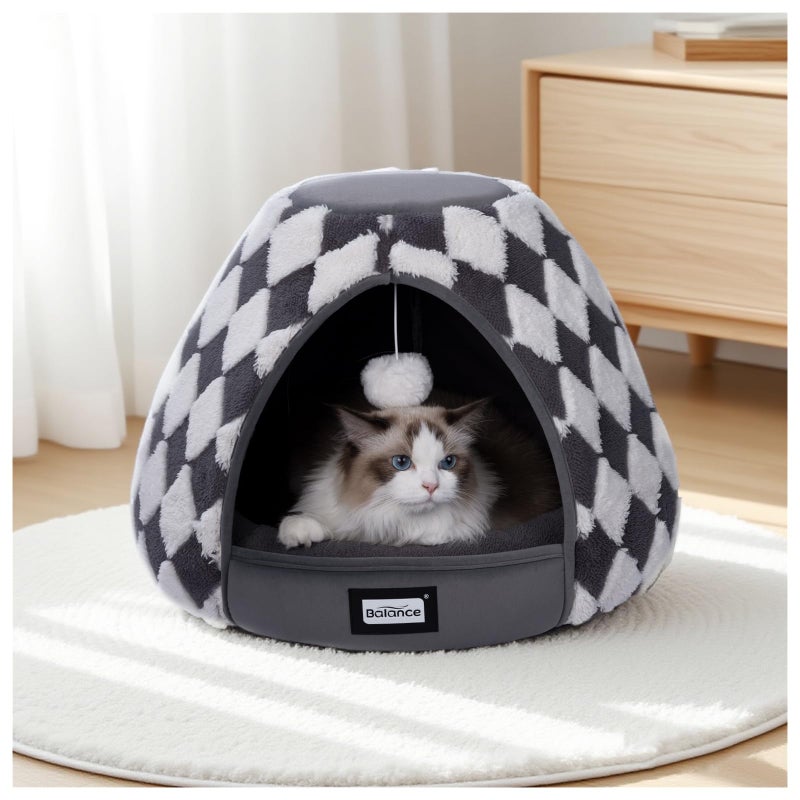 BALANCE Cat Beds for Indoor Cats, 2-in-1 Cat Bed Cave with Anti-Slip Bottom and Ultra-Soft Plush, Cozy Cats House Tent for Kittens and Small Dogs, 19 Inches, Dark Grey - Image 1