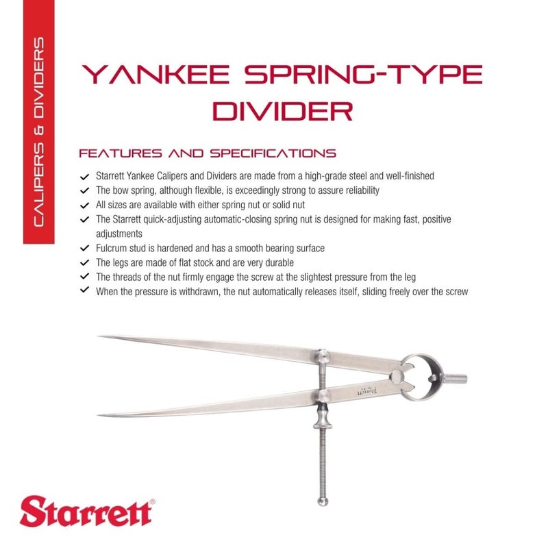 Starrett Starrett Yankee SpringType Divider with HighGrade Steel Bow Spring and Quick Adjusting Spring Nut  8 Size and Capacity Spring Joint Type  83A8  - Image 2