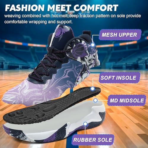 MAIZUN Mens Basketball Shoes Fashion Non-Slip Lightweight Breathable Outdoor Sneakers Cushioning Workout Shoes for Running Walking Sports Training Purple - Image 2