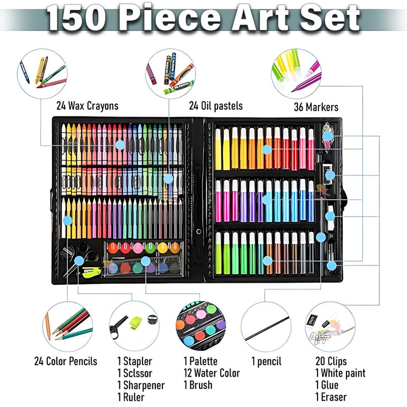 WISHKEY 150 Pieces Art Set for Kids with Case, Art and Craft Supplies Kit for Drawing and Painting, Color Set with Markers, Water Colors, Brush, Color Pencils, Crayons (Pack of 1, Multicolor) - Image 5