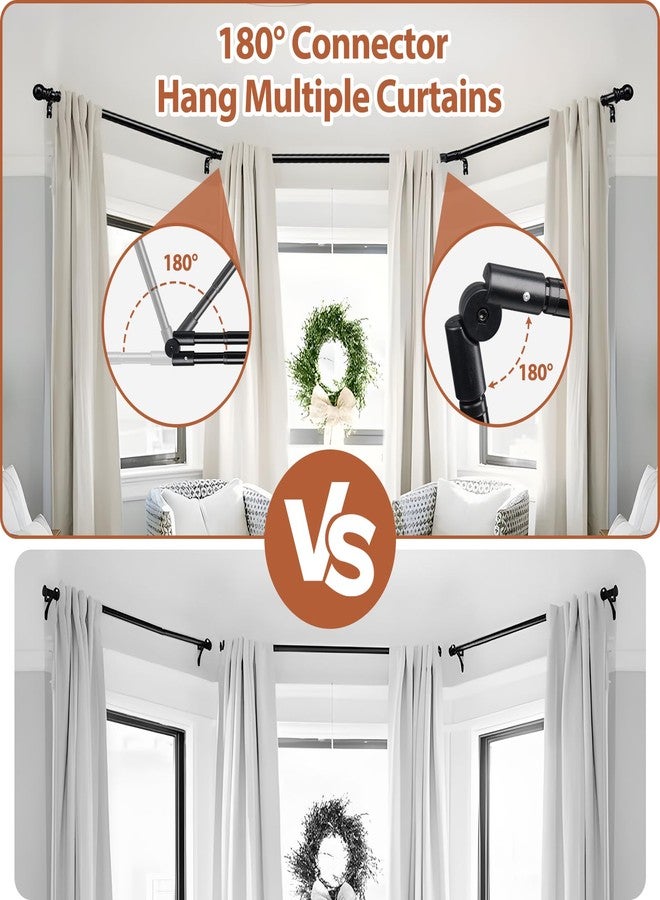 ETICSIPA 1 Inch Bay Window Curtain Rods 32-96 Inch Side Rods 32-123 Inch Center Rods Retractable Metal Corner Curtain Rods for Blackout Curtains with Wall Mount Black Round Finials - Image 2