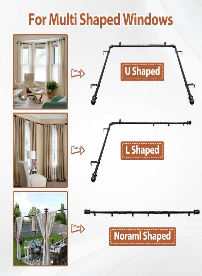 ETICSIPA 1 Inch Bay Window Curtain Rods 32-96 Inch Side Rods 32-123 Inch Center Rods Retractable Metal Corner Curtain Rods for Blackout Curtains with Wall Mount Black Round Finials - Image 4