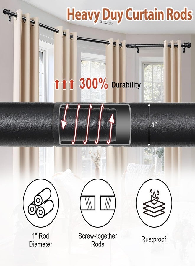 ETICSIPA 1 Inch Bay Window Curtain Rods 32-96 Inch Side Rods 32-123 Inch Center Rods Retractable Metal Corner Curtain Rods for Blackout Curtains with Wall Mount Black Round Finials - Image 3