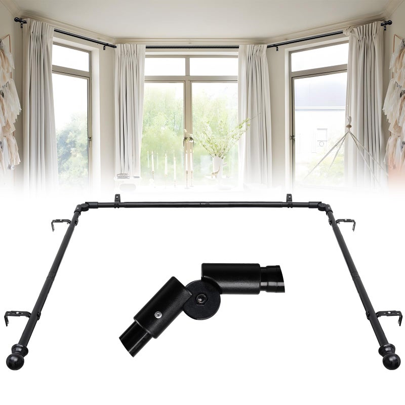 ETICSIPA 1 Inch Bay Window Curtain Rods 32-96 Inch Side Rods 32-123 Inch Center Rods Retractable Metal Corner Curtain Rods for Blackout Curtains with Wall Mount Black Round Finials - Image 1