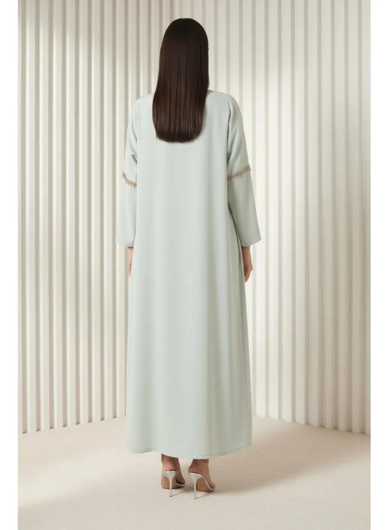 مويستريت Sage Green  Hand-Beaded Abaya in Premium Korean Nida With Headscarf