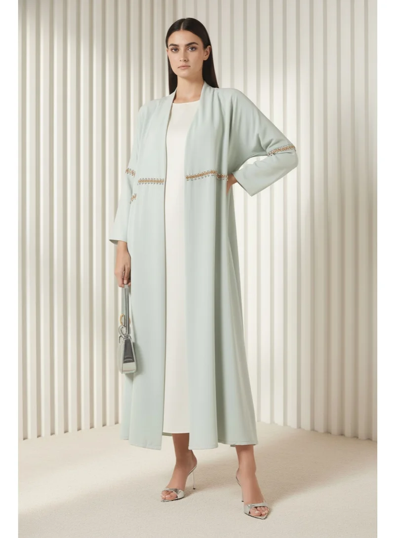 مويستريت Sage Green  Hand-Beaded Abaya in Premium Korean Nida With Headscarf