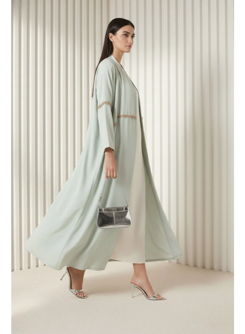 مويستريت Sage Green  Hand-Beaded Abaya in Premium Korean Nida With Headscarf