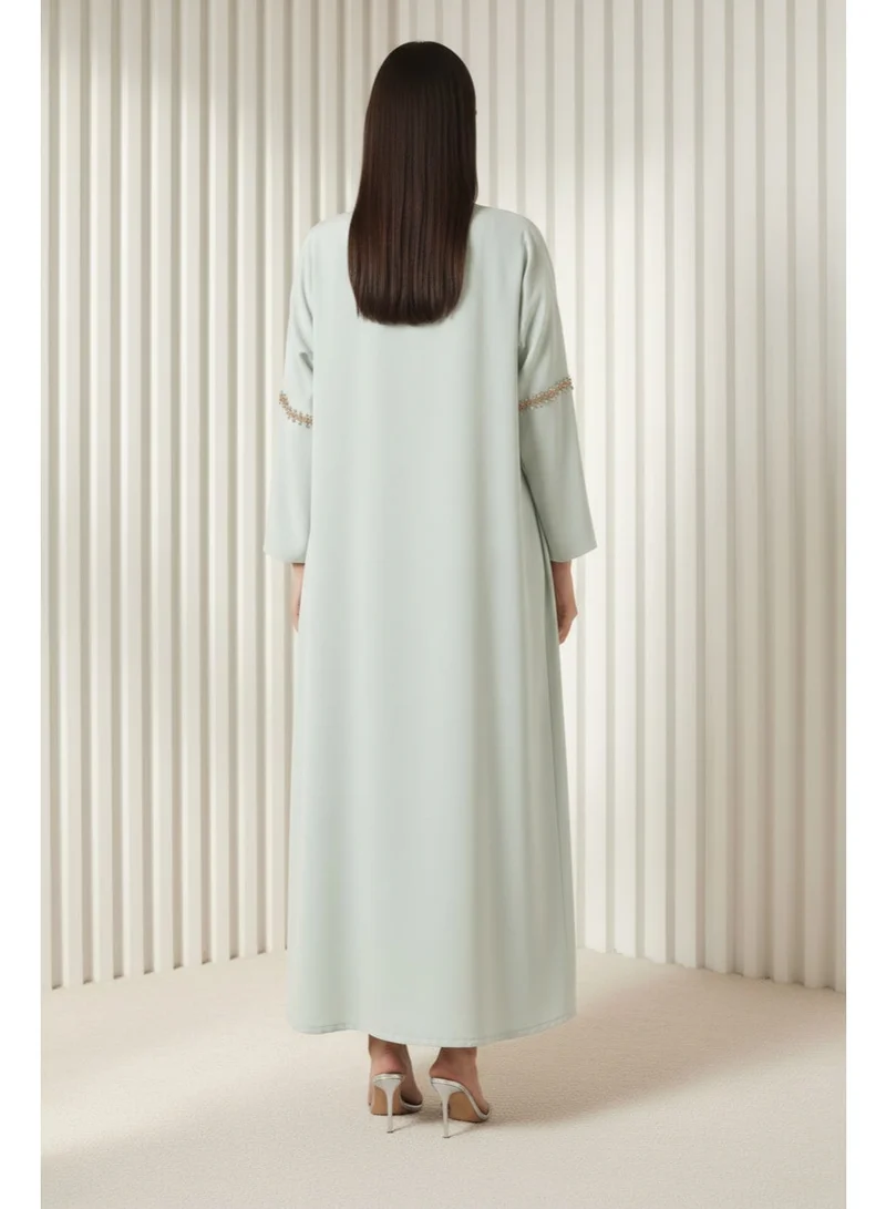 Moistreet  Sage Green  Hand-Beaded Abaya in Premium Korean Nida With Headscarf for Women | Best Price UAE
