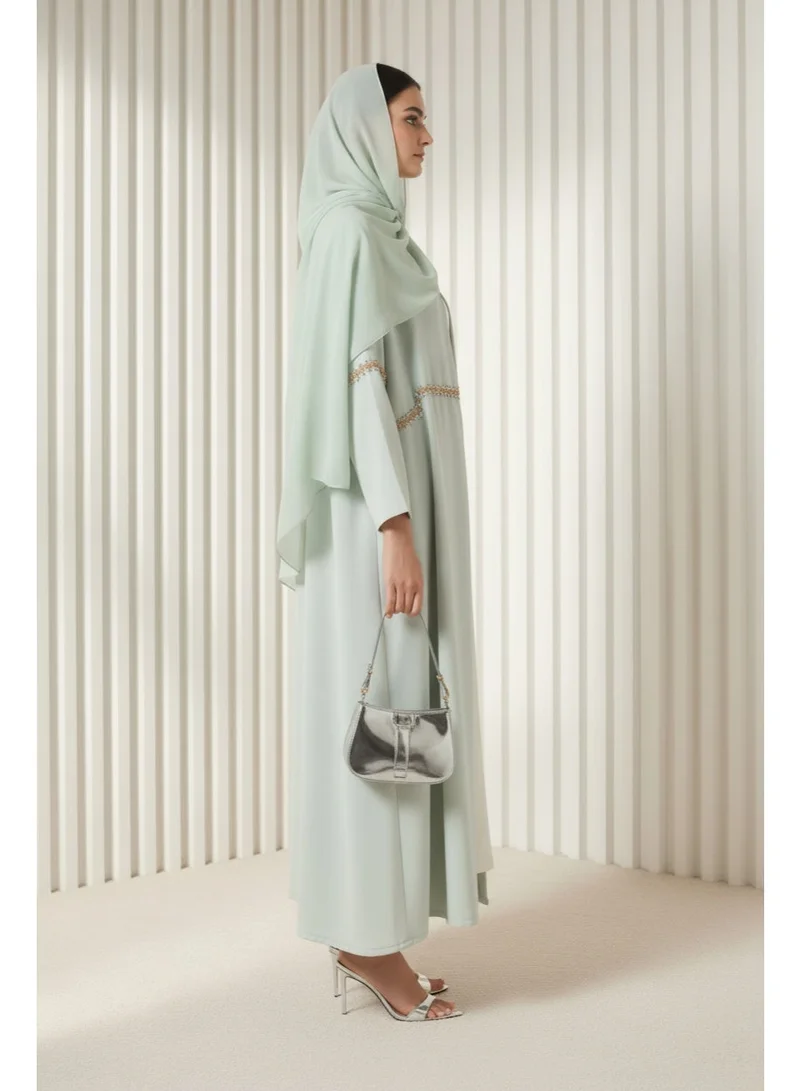 Moistreet  Sage Green  Hand-Beaded Abaya in Premium Korean Nida With Headscarf for Women | Best Price UAE