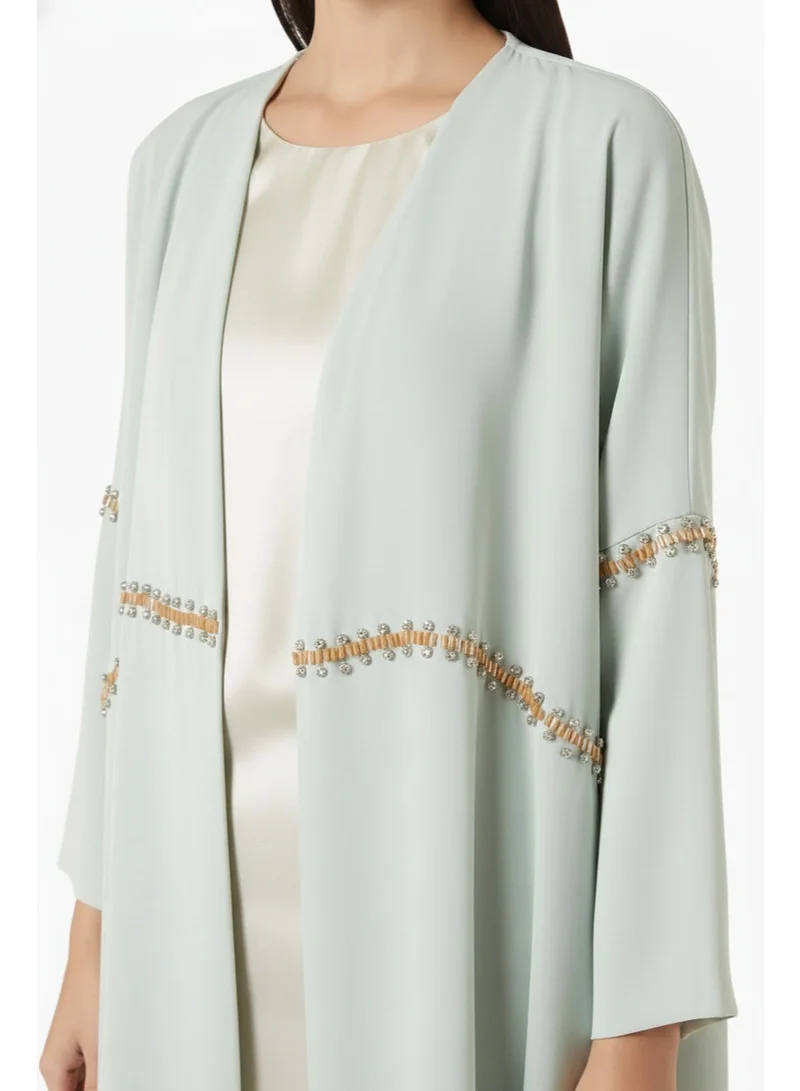 Moistreet  Sage Green  Hand-Beaded Abaya in Premium Korean Nida With Headscarf for Women | Best Price UAE
