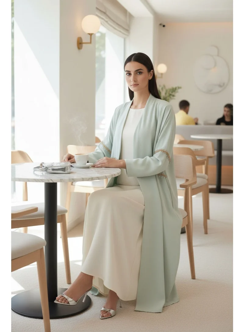 Moistreet  Sage Green  Hand-Beaded Abaya in Premium Korean Nida With Headscarf for Women | Best Price UAE