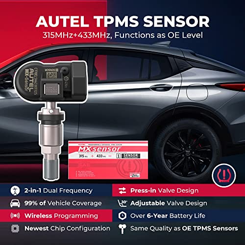 Autel TPMS Sensor MX-Sensor 2 in 1 (Press-in), Programmable TPMS Tire Pressure Sensor 315MHz+433MHz, 100% Clone-able, Same as OE-sensors (Metal Valve Set of 4) - Image 2