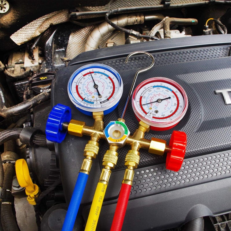 JIFETOR 3 Way AC Manifold Gauge Set with 5FT Hoses and Quick Couplers for R12 R22 R404A R134A Refrigerants - Image 4
