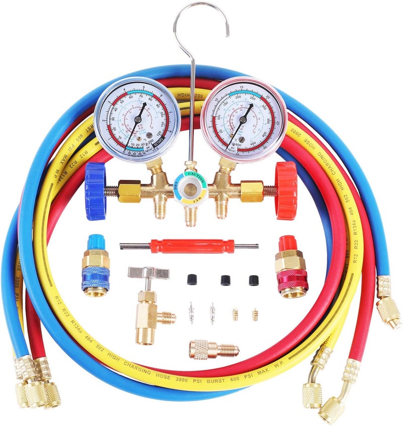 JIFETOR 3 Way AC Manifold Gauge Set with 5FT Hoses and Quick Couplers for R12 R22 R404A R134A Refrigerants - Image 1