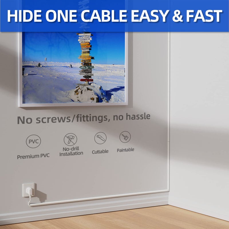 Delamu 128in Cord Hider for 1 Cord, Self-Adhesive Cord Covers for Wires on Wall, Easier Install Wire Covers for Cords on Wall, Cable Wire Hider, Cable Cover Management Raceway, W0.48 H0.3in, White - Image 3