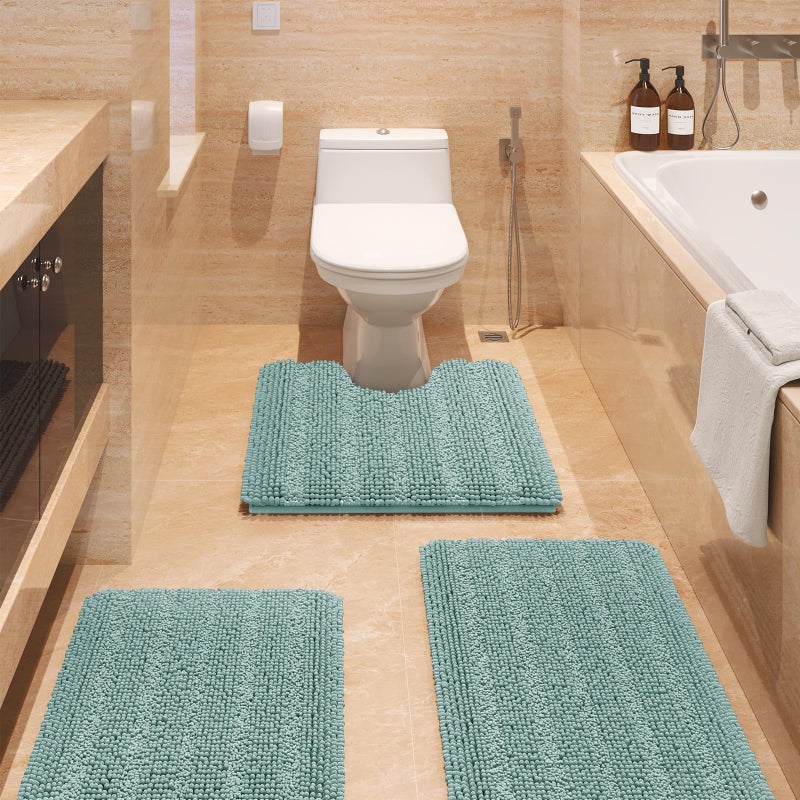 ACCUMTEK Striped Eggshell Blue Bathroom Rug Set 3 Pieces Ultra Soft, Non Slip Chenille Bath Carpet, Absorbent Plush Shaggy Bath Mats for Bathroom, Toilet, Bedroom, Kitchen - Image 1