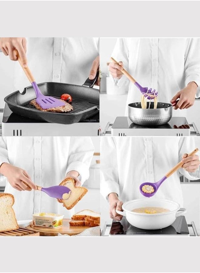 Executive LLC Silicone Kitchen Utensils Set with Holder 12 PCS Cooking Utensils Set with Wooden Handle Heat Resistant Kitchen Gadgets Kitchen Accessories (Purple)  - Image 3