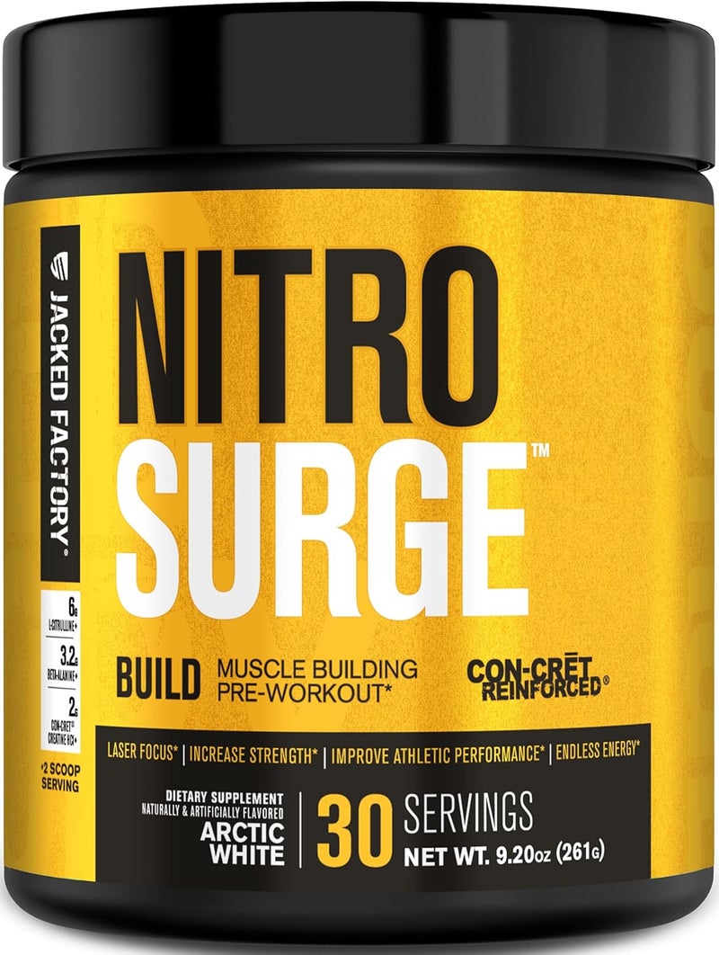 Jacked Factory Nitrosurge Build Pre Workout with Creatine for Muscle Building  Con Cret Creatine Powder  elevATP for Intense Energy Powerful Pumps  Endless Endurance  30 Servings Arctic White - Image 1