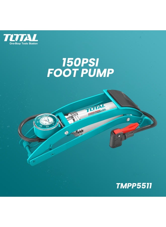 توتال مضخة قدم شديدة التحمل 150 رطل لكل بوصة مربعة - مضخة هواء فولاذية محمولة مزودة بمقياس ضغط لإطارات السيارات والدراجات النارية والدراجات الهوائية والكرات الرياضية - تصميم دواسة صغير الحجم وسهل الاستخدام - TMPP5511 - Image 1
