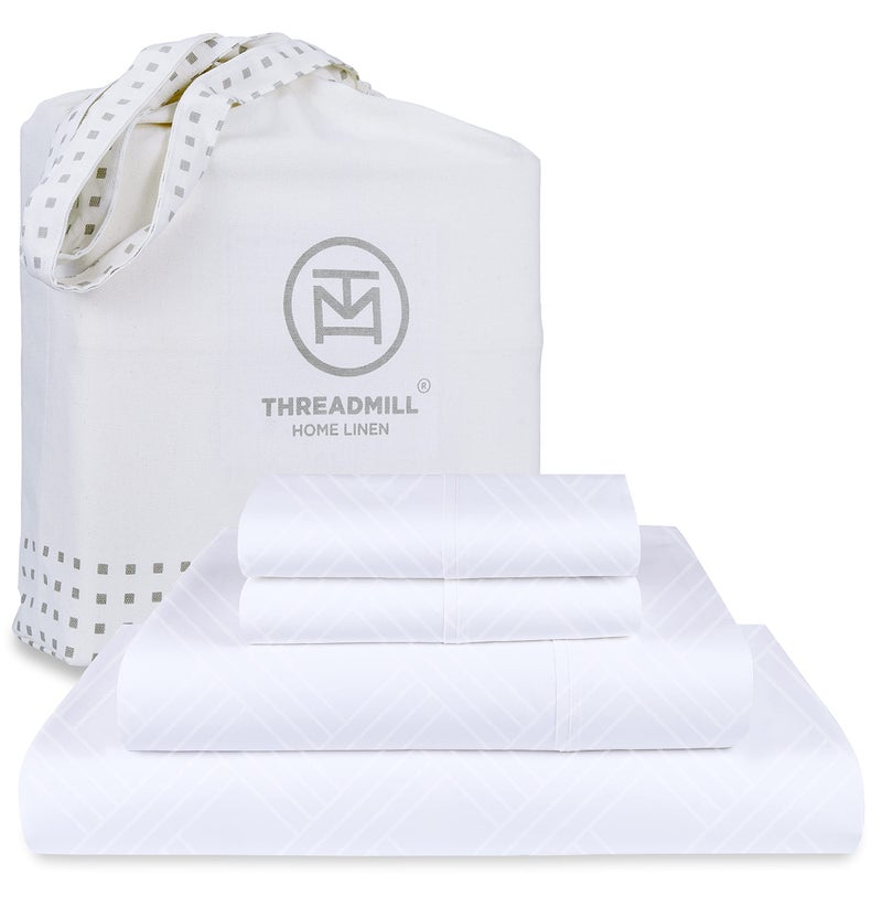 Threadmill Luxury 100 Cotton Queen BedSheets  800 Thread Count Jacquard Celine Hotel White Better Than Egyptian Cotton4 Pc Striped Bed Set Damask Sheets with 16 Deep Pocket
