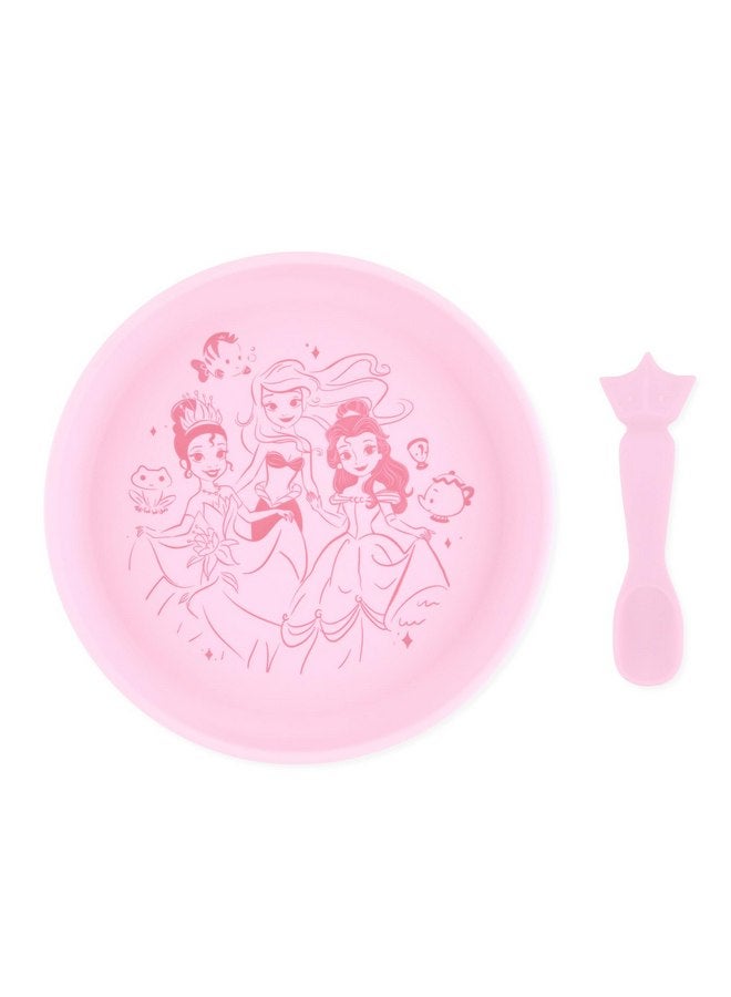 Bumkins Disney Baby and Toddler Plate and Spoon Set, Silicone Dish for Babies and Kids, Baby Led Weaning, Children Feeding Supplies, Microwave Safe, Platinum Silicone, Ages 6 Months Up, Princess - Image 1