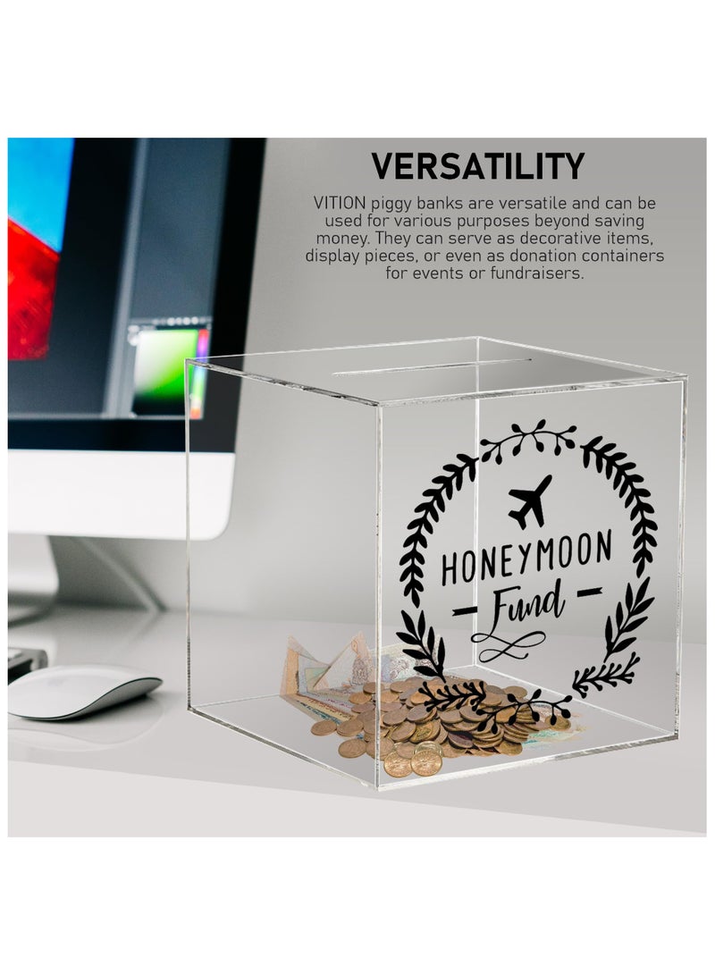 VITION Piggy Bank for Adults Kids, Acrylic Piggy Bank for Boys Girls to Saving Money Cash Coin, Must Break to Open (Honeymoon Funds, 15 x 15 cm) - Image 3