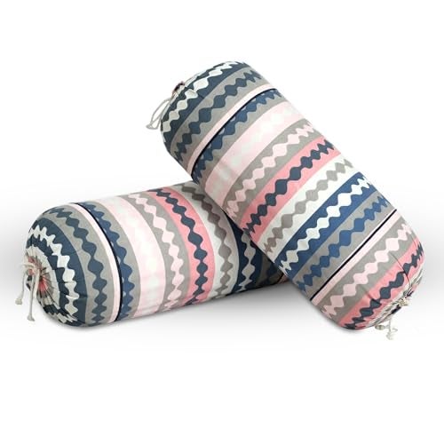 GLUN® Pack of 2 Zig Zag Multicolour Round Striped Bolster Pillow Covers, Size 16 inch x 30 inch (40 x 75 cm, Cream) Printed Polyester Silk Fabric for Living Room or Bedroom, Stylish & Modern Covers - Image 1