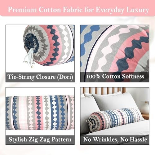 GLUN® Pack of 2 Zig Zag Multicolour Round Striped Bolster Pillow Covers, Size 16 inch x 30 inch (40 x 75 cm, Cream) Printed Polyester Silk Fabric for Living Room or Bedroom, Stylish & Modern Covers - Image 2