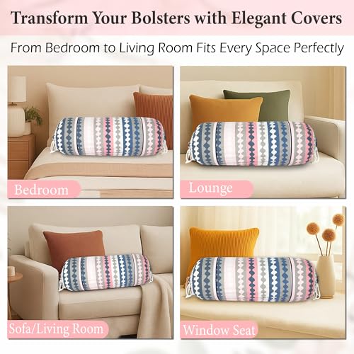 GLUN® Pack of 2 Zig Zag Multicolour Round Striped Bolster Pillow Covers, Size 16 inch x 30 inch (40 x 75 cm, Cream) Printed Polyester Silk Fabric for Living Room or Bedroom, Stylish & Modern Covers - Image 4