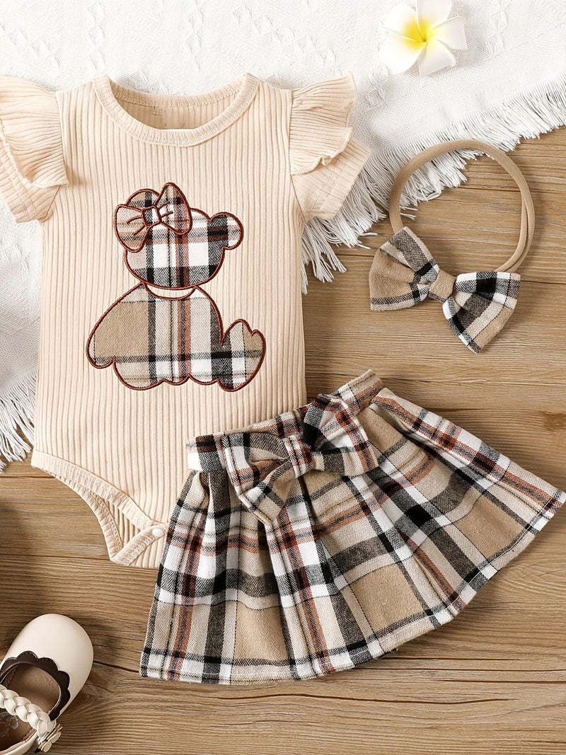 Cross-border INS newborn baby bag fart triangle khayi baby girl plaid skirt summer bear two-piece suit Apricot
