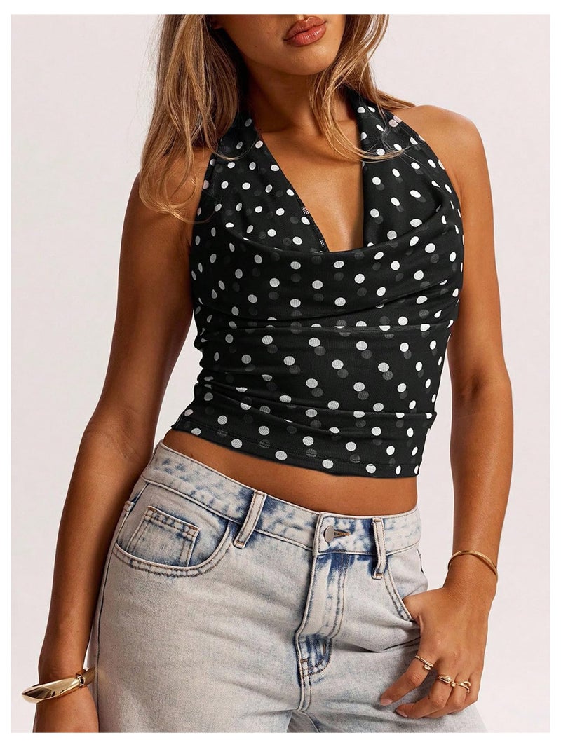 MakeMeChic Women's Polka Dots Halter Top Y2k Going Out Tops Backless Deep V Cowl Neck Tops Black M - Image 2
