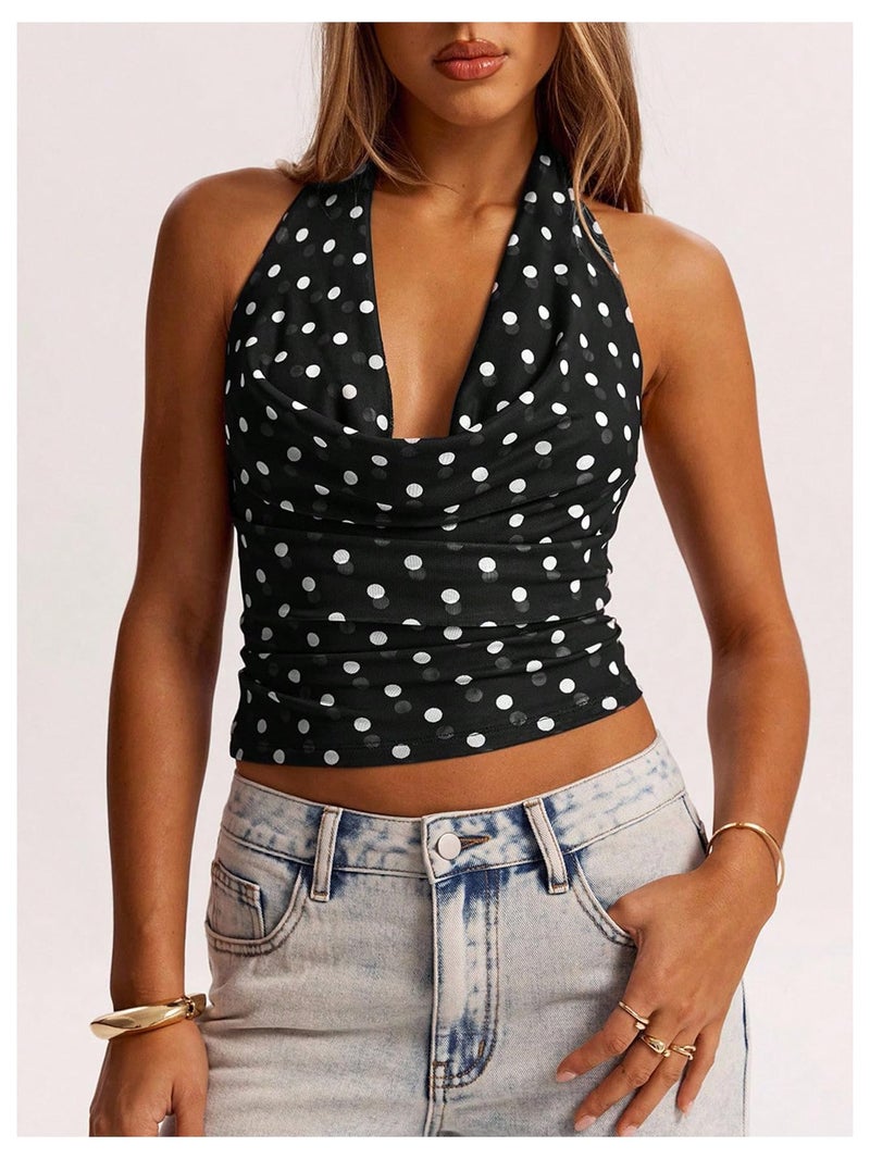 MakeMeChic Women's Polka Dots Halter Top Y2k Going Out Tops Backless Deep V Cowl Neck Tops Black M - Image 4