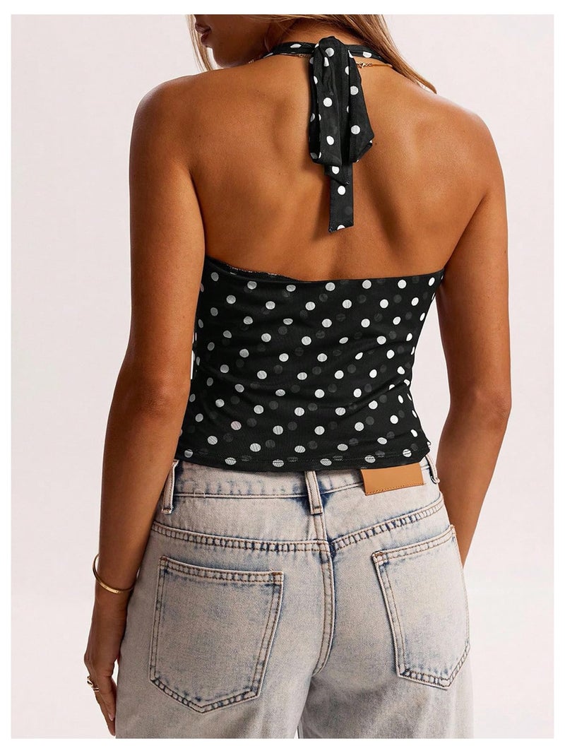 MakeMeChic Women's Polka Dots Halter Top Y2k Going Out Tops Backless Deep V Cowl Neck Tops Black M - Image 3