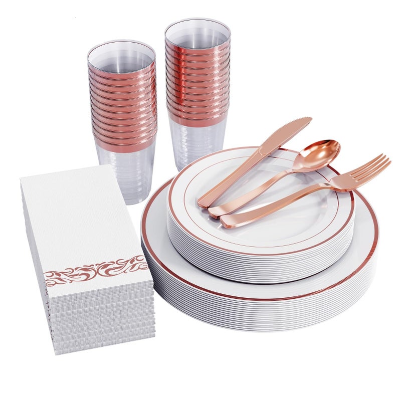 FOCUSLINE 175 Count Rose Gold Dinnerware Set for 25 Guests  Rose Gold Rimmed White Disposable Plastic Plates Heavy Duty Includes 25 Dinner  Salad Plates Cups Cutlery Set for Wedding Parties