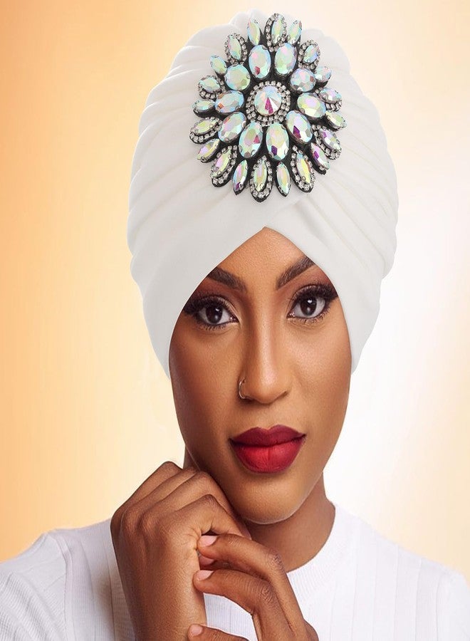 Bohend Rhinestone Turban Hat for Women Stretch Headwarp Pre Tied Head Cover Bonnet Muslim Crysta Pleated Headscarf Hat (White) - Image 2