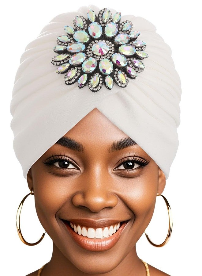 Bohend Rhinestone Turban Hat for Women Stretch Headwarp Pre Tied Head Cover Bonnet Muslim Crysta Pleated Headscarf Hat (White) - Image 1