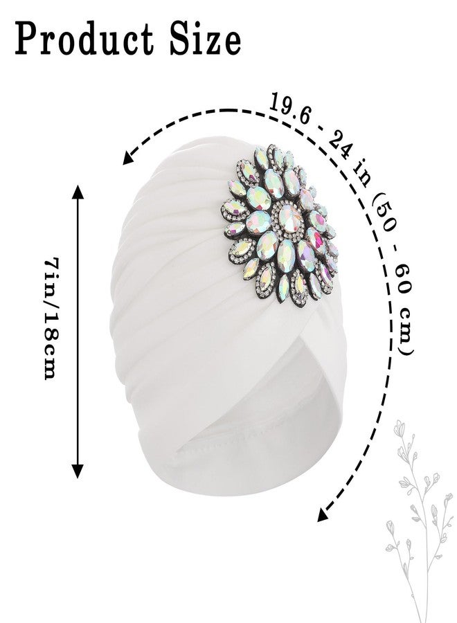 Bohend Rhinestone Turban Hat for Women Stretch Headwarp Pre Tied Head Cover Bonnet Muslim Crysta Pleated Headscarf Hat (White) - Image 5