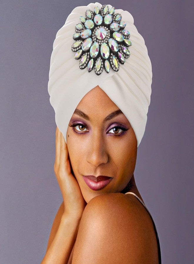 Bohend Rhinestone Turban Hat for Women Stretch Headwarp Pre Tied Head Cover Bonnet Muslim Crysta Pleated Headscarf Hat (White) - Image 3