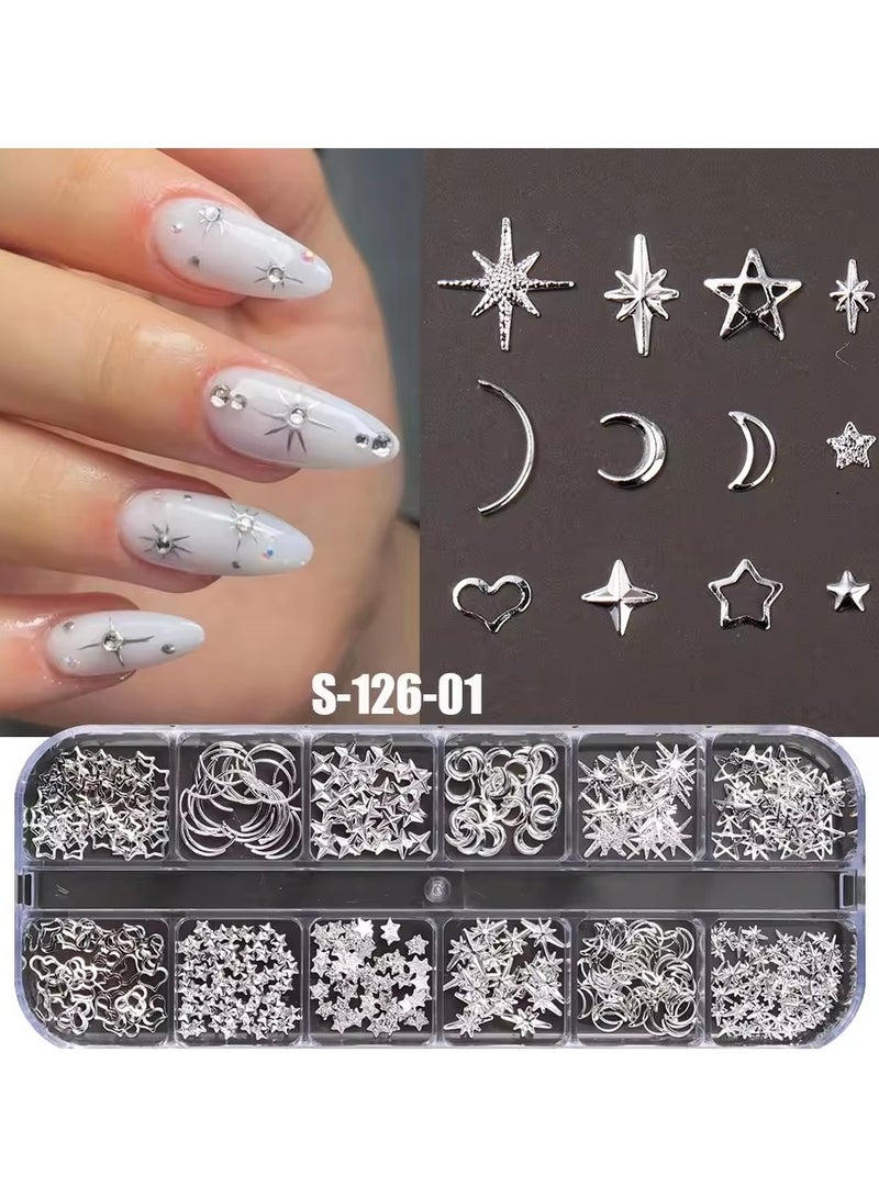 Goolsky 12grids Random Mix Nail Rivet Studs Gold/Silver Stars Light Nail Art Charms Asterism Starlight Accessories Manicure Supplies  - Image 1