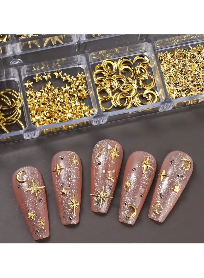 Goolsky 12grids Random Mix Nail Rivet Studs Gold/Silver Stars Light Nail Art Charms Asterism Starlight Accessories Manicure Supplies  - Image 2