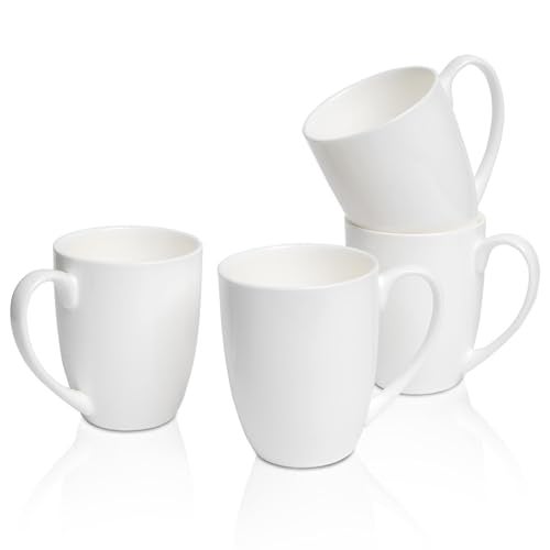COSTMANCE Plain White Fine Bone China Blank Coffee Mugs Set of 4, 11 Oz Tea Cups with Large Handle, Lightweight Ceramic Coffee Mugs, Aesthetic Coffee Cups - Image 1