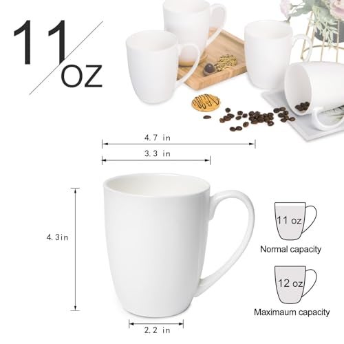 COSTMANCE Plain White Fine Bone China Blank Coffee Mugs Set of 4, 11 Oz Tea Cups with Large Handle, Lightweight Ceramic Coffee Mugs, Aesthetic Coffee Cups - Image 2