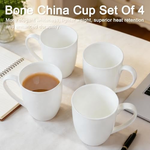 COSTMANCE Plain White Fine Bone China Blank Coffee Mugs Set of 4, 11 Oz Tea Cups with Large Handle, Lightweight Ceramic Coffee Mugs, Aesthetic Coffee Cups - Image 5