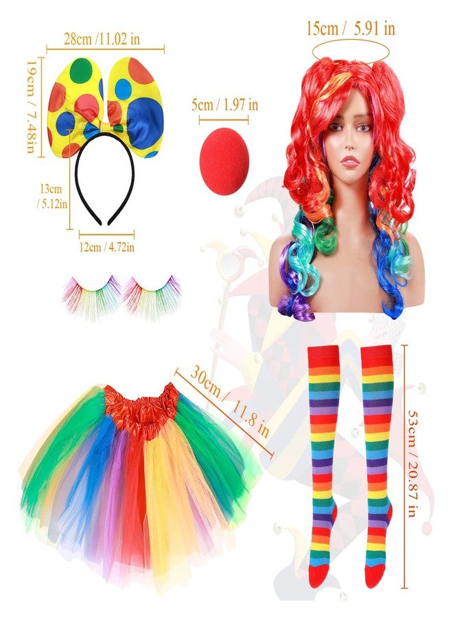 كانلير زي مهرج نسائي من كانليير مكون من 6 قطع: شعر مستعار بألوان قوس قزح، تنورة توتو، رموش، جوارب أنف مهرج لحفلة الهالوين (مقاس كبير) - Image 2
