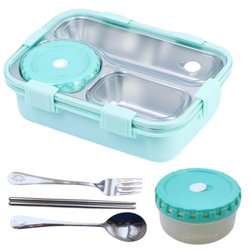 PLUSPOINT Bento Lunch Box Insulated Air Tight Portable Lunch Box with Utensils, Stainless Steel Lunch Box with Containers, Leak Proof Bento Box for Kids, Adults, Men Women (Green) - 750 Ml - Image 1